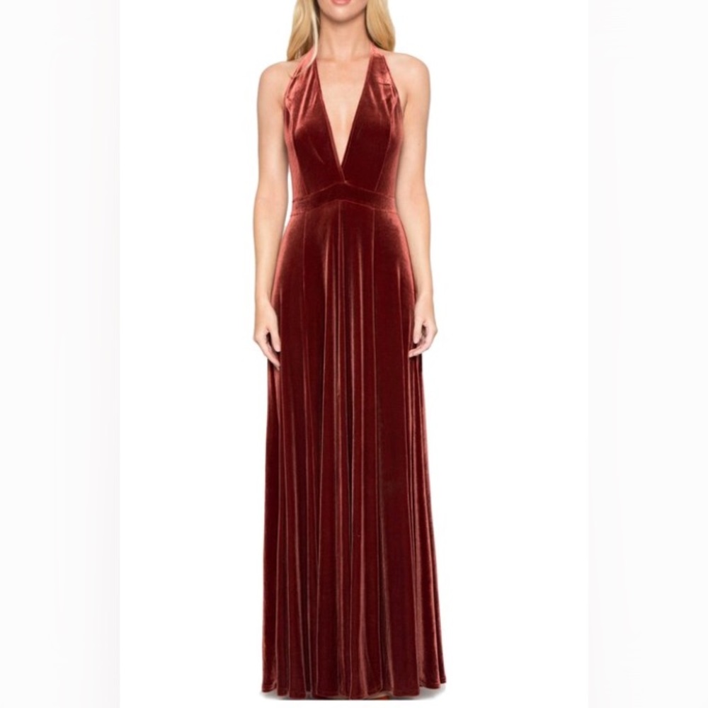 WILLOW & CLAY Rust Velvet Halter Maxi Dress
